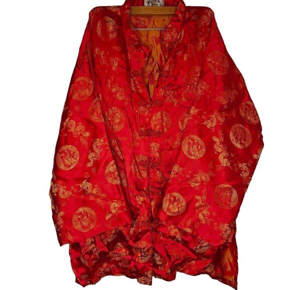 Vintage Satin Gold Dragon Print Red Kimono Tang Suit Jacket - Picture 1 of 12